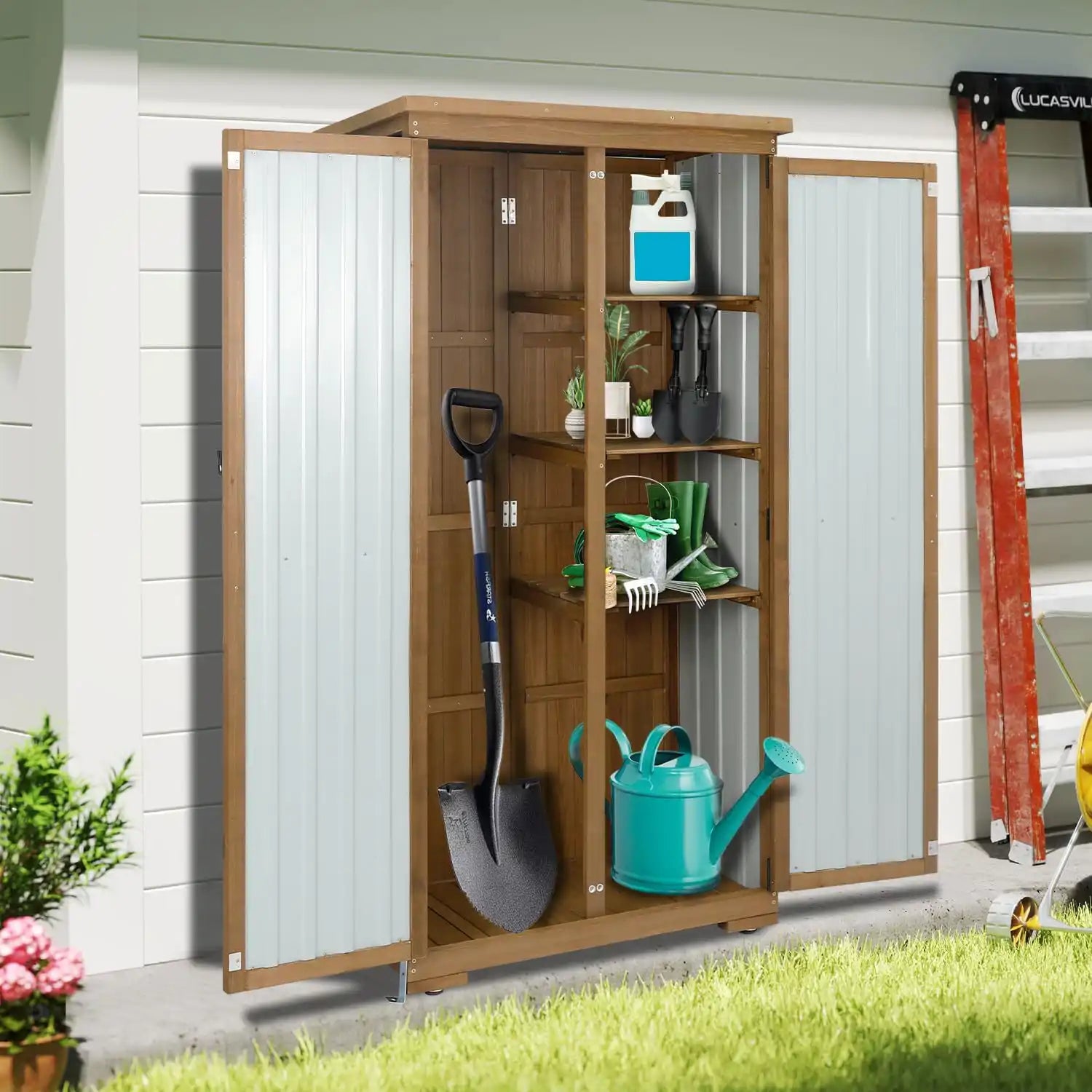 PETSCOSSET 17″L Outdoor Storage Shed, Storage Cabinet, Brown