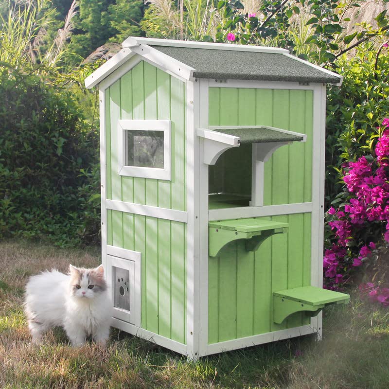 PETSCOSSET Two-Story Outdoor Cat House, Weatherproof Wooden Feral Cat Shelter