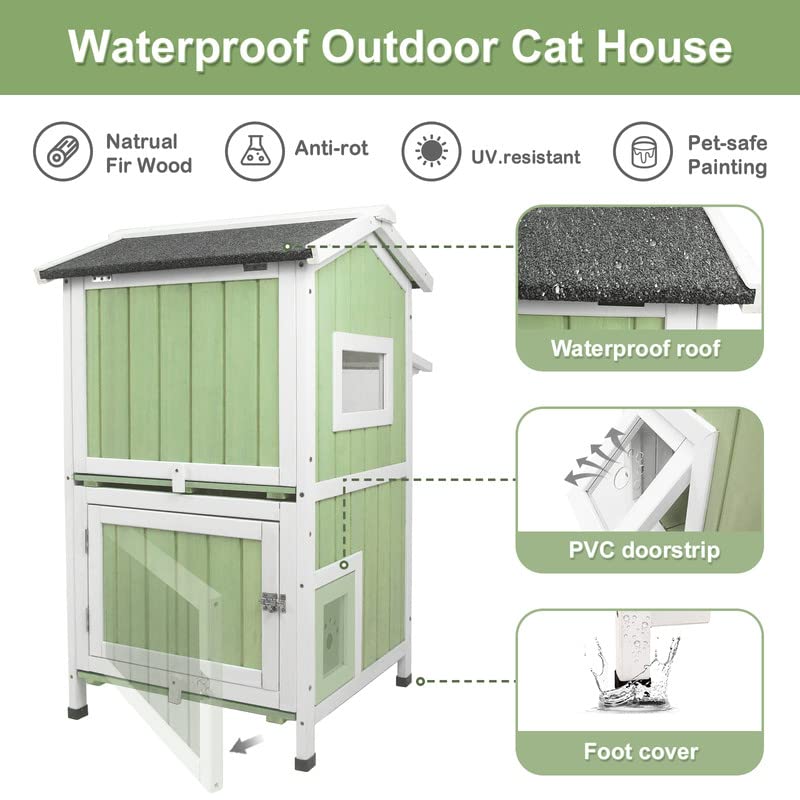 PETSCOSSET Two-Story Outdoor Cat House, Weatherproof Wooden Feral Cat Shelter