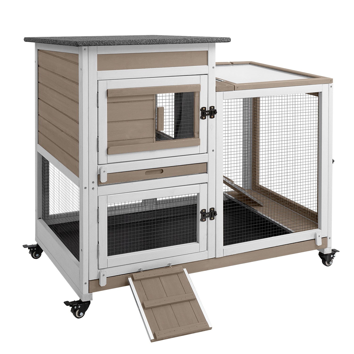 PETSCOSSET 40″L Wooden 2 Story Rabbit Hutch on 4 Metal Wheels with Run Guinea Pig Pet House for Small to Medium Animals,White/Grey