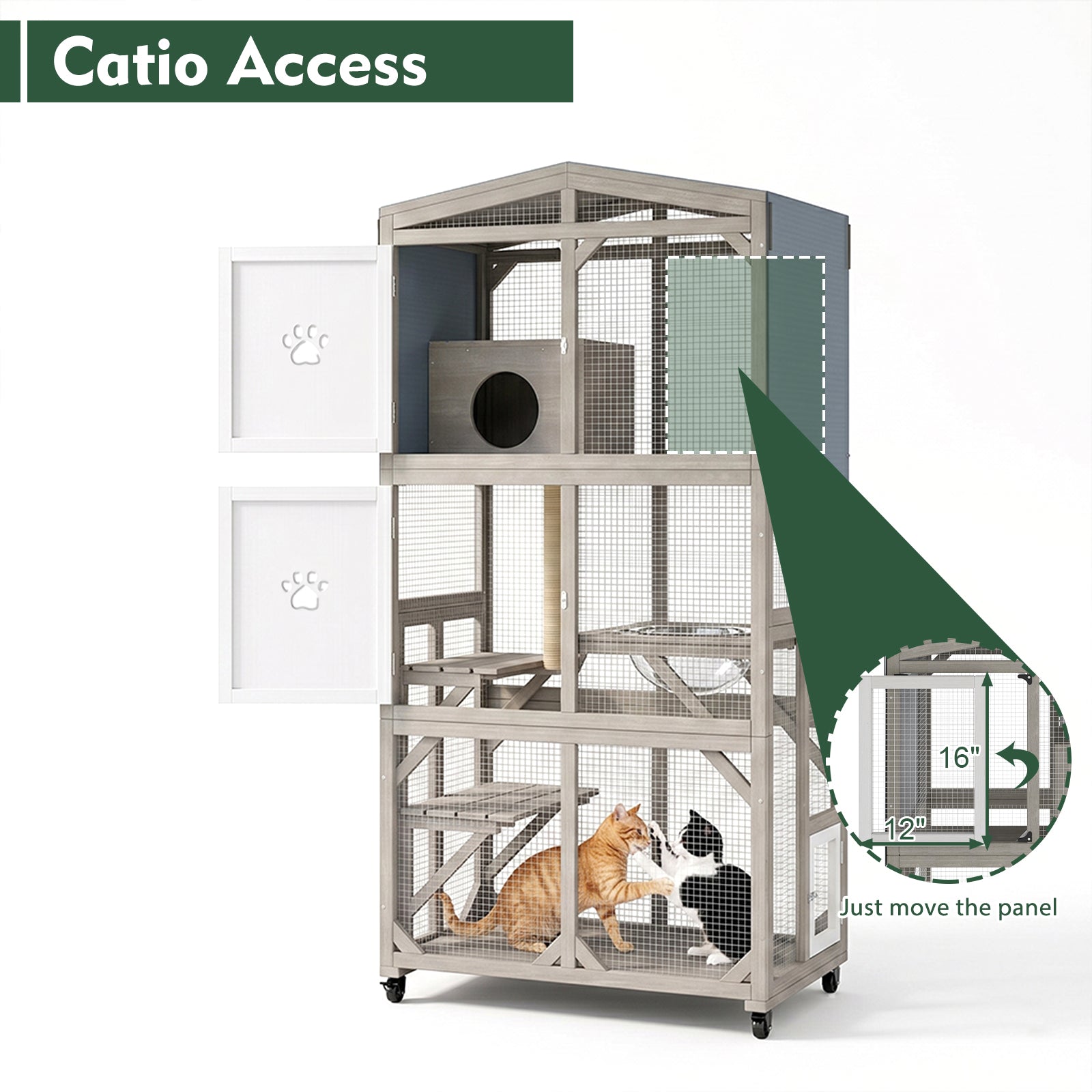 Rolling Wooden Catio with Platforms, Cat Condo & Clear Lounge Area-PET95