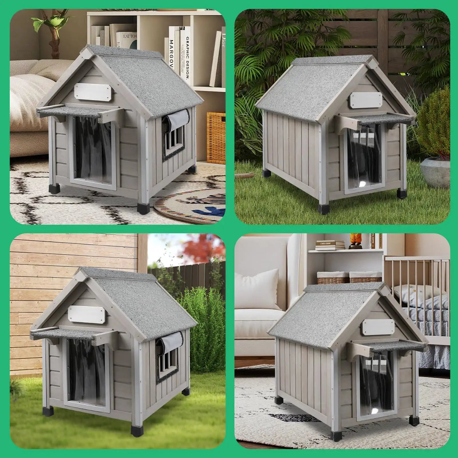 Dog kennel with weatherproof roof and strong structure