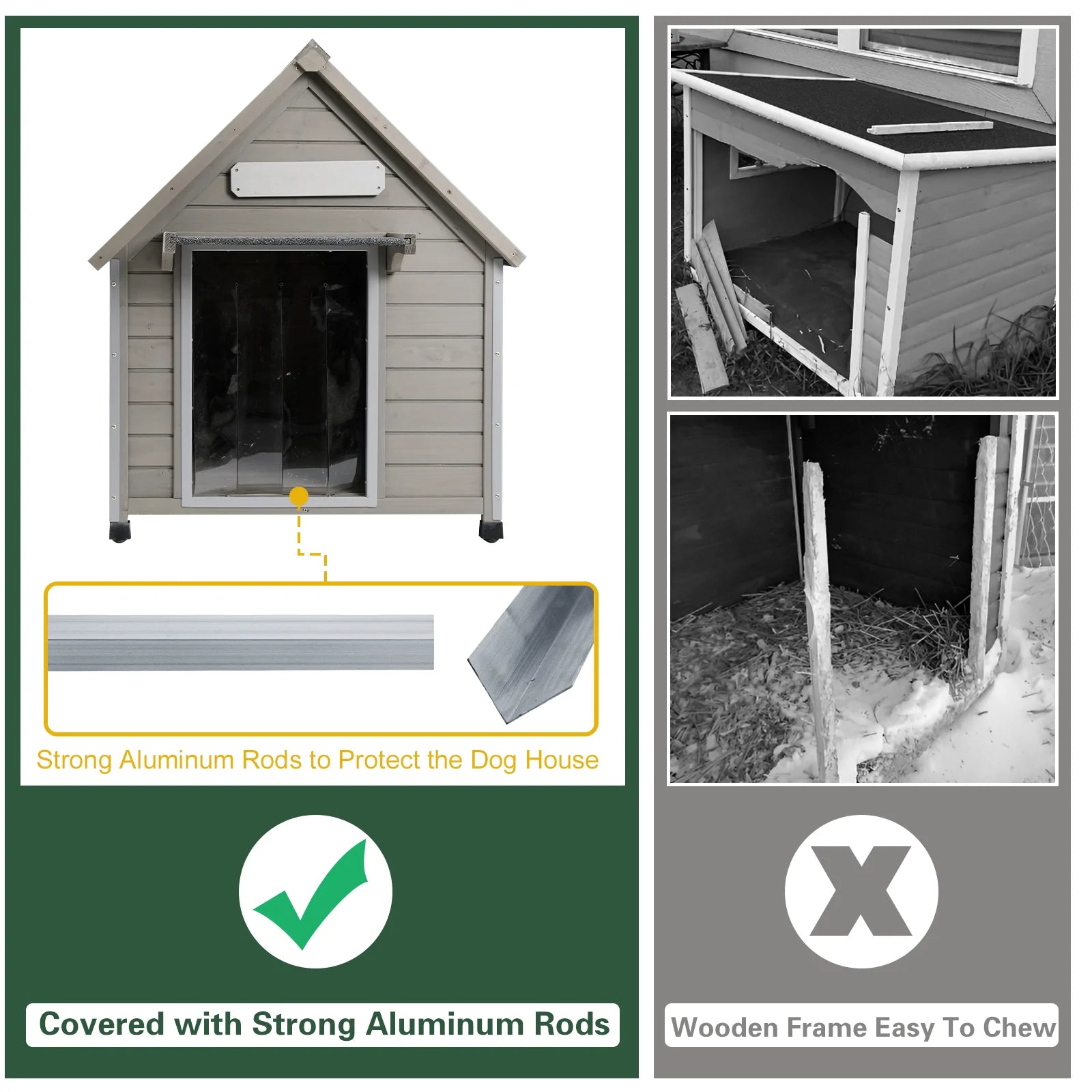 Wooden doghouse with raised base and waterproof roof