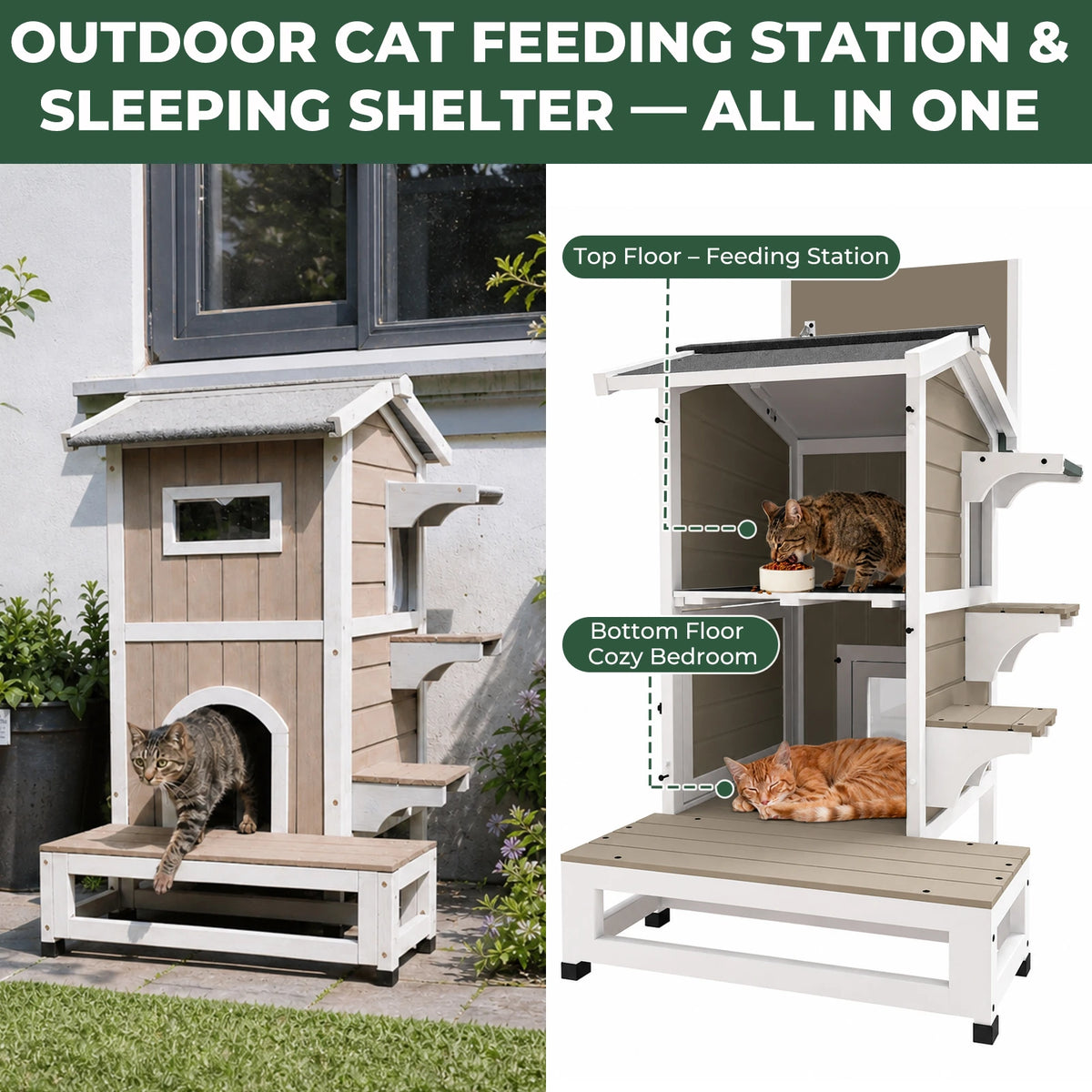 2-Story Insulated Wooden Cat House with Balcony & Escape Door- PET71-TI