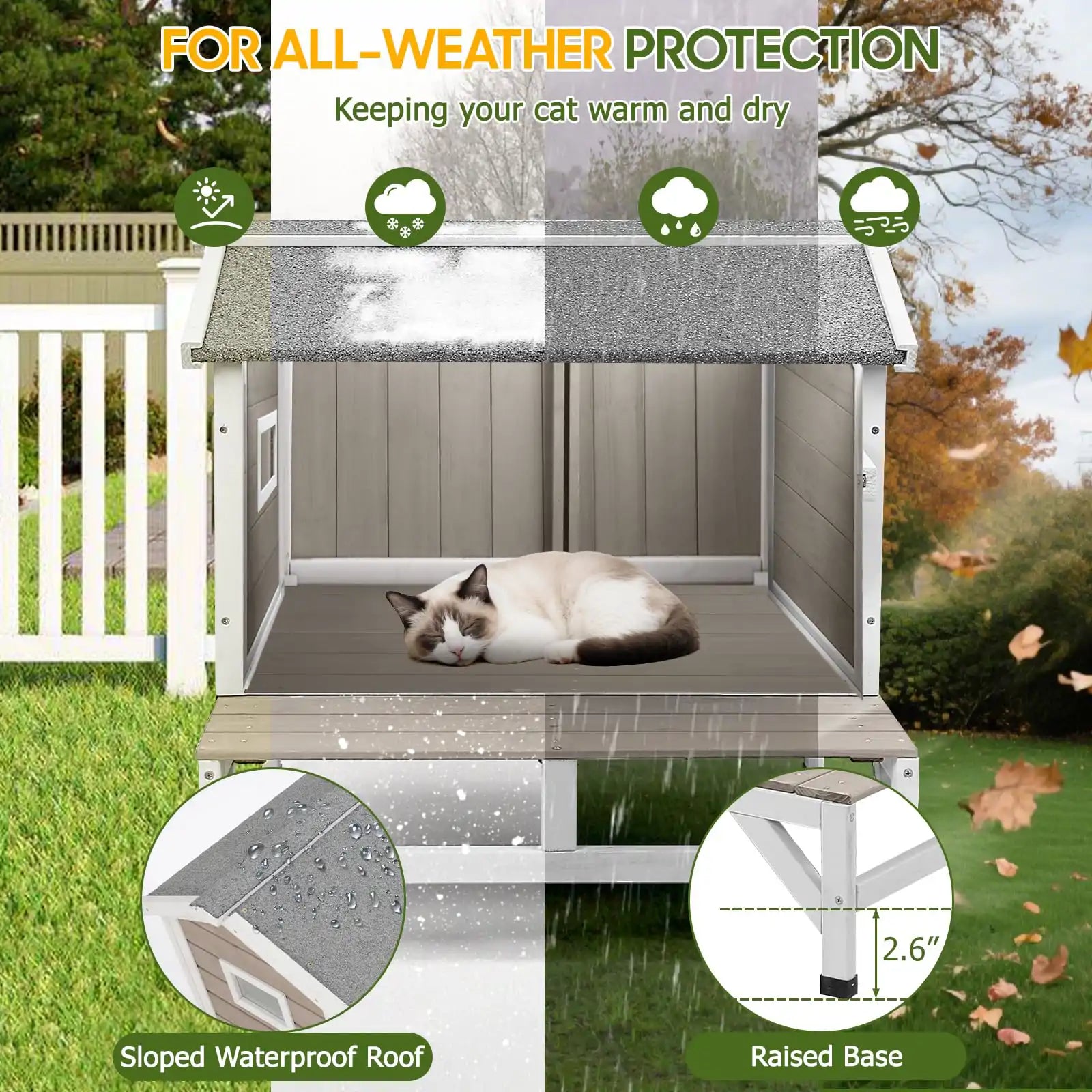 Outdoor wooden cat house with raised legs for ventilation