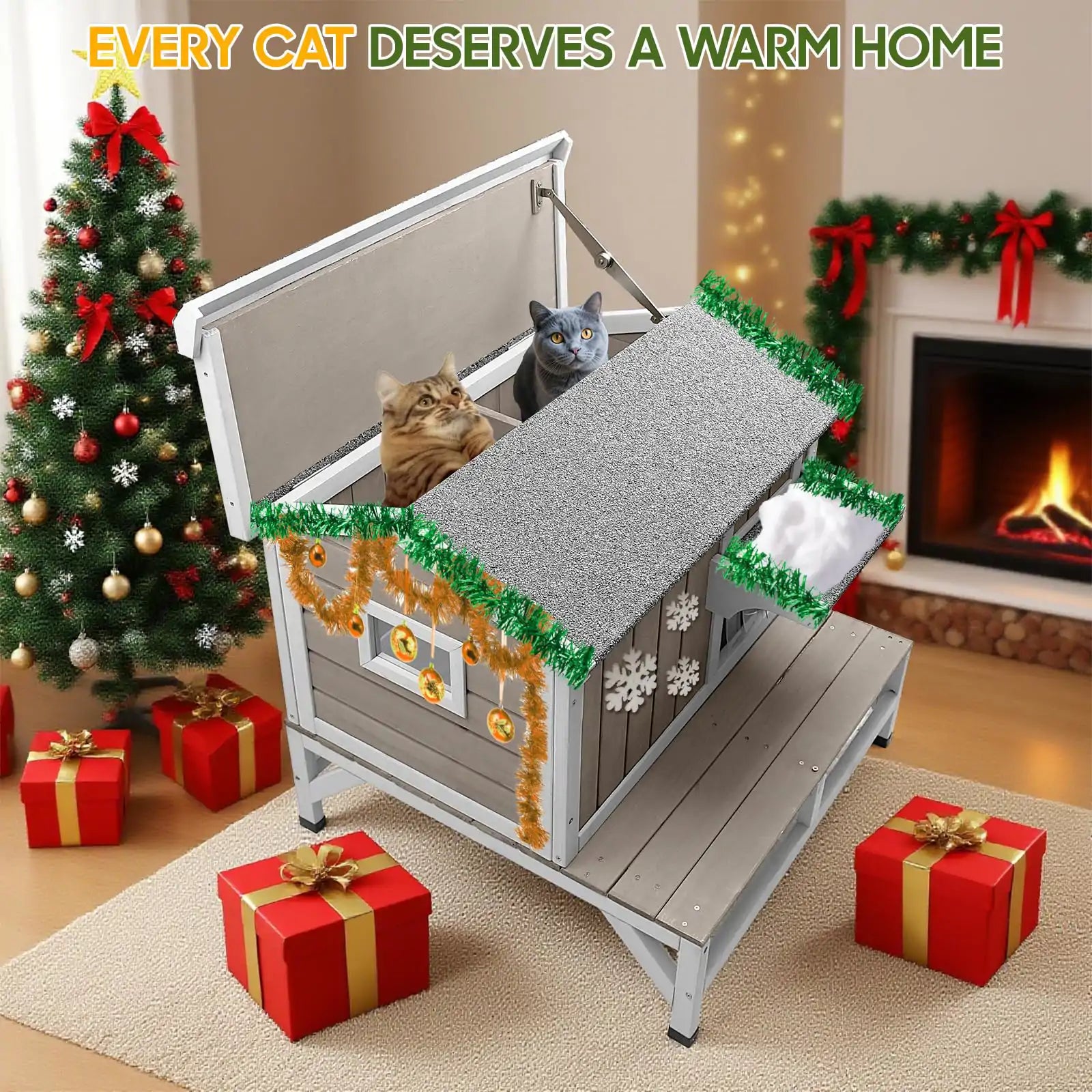 Balcony cat house side view wooden design