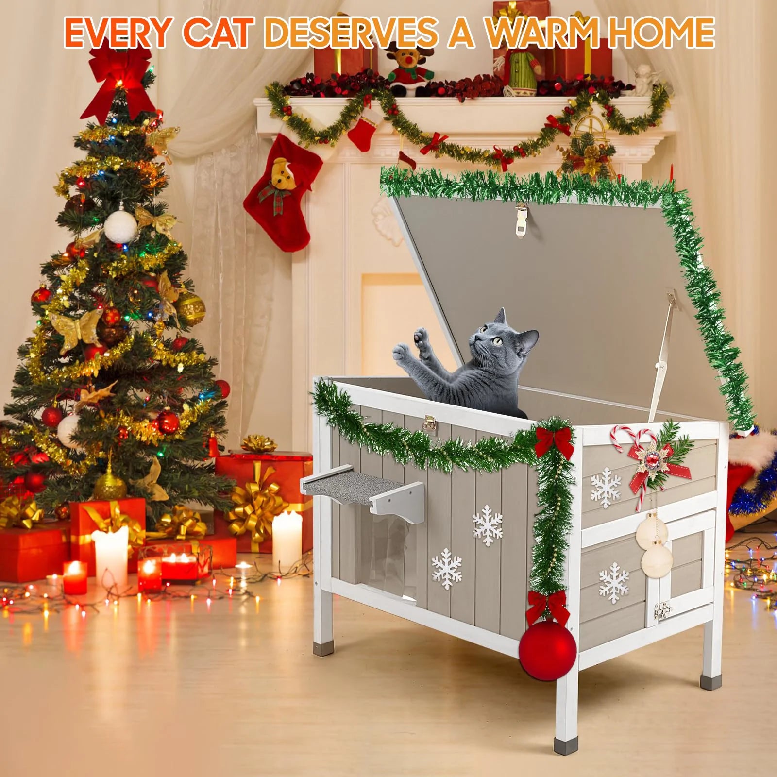 Durable wooden cat shelter with raised legs