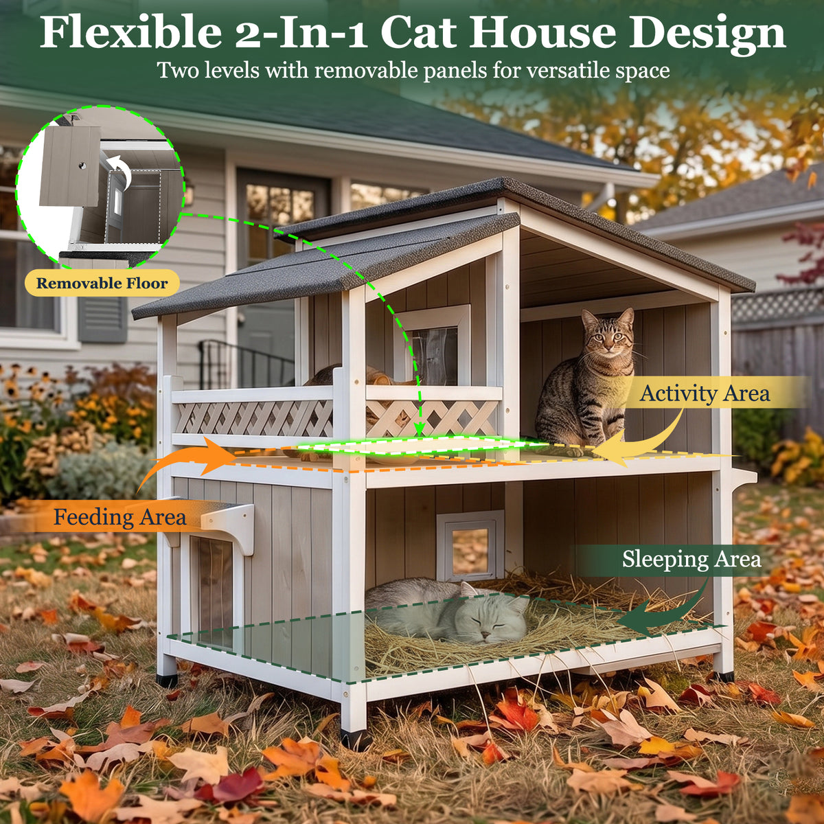 Petscosset 2-story weatherproof cat house with removable middle panel for flexible interior space and multi-functional layout.