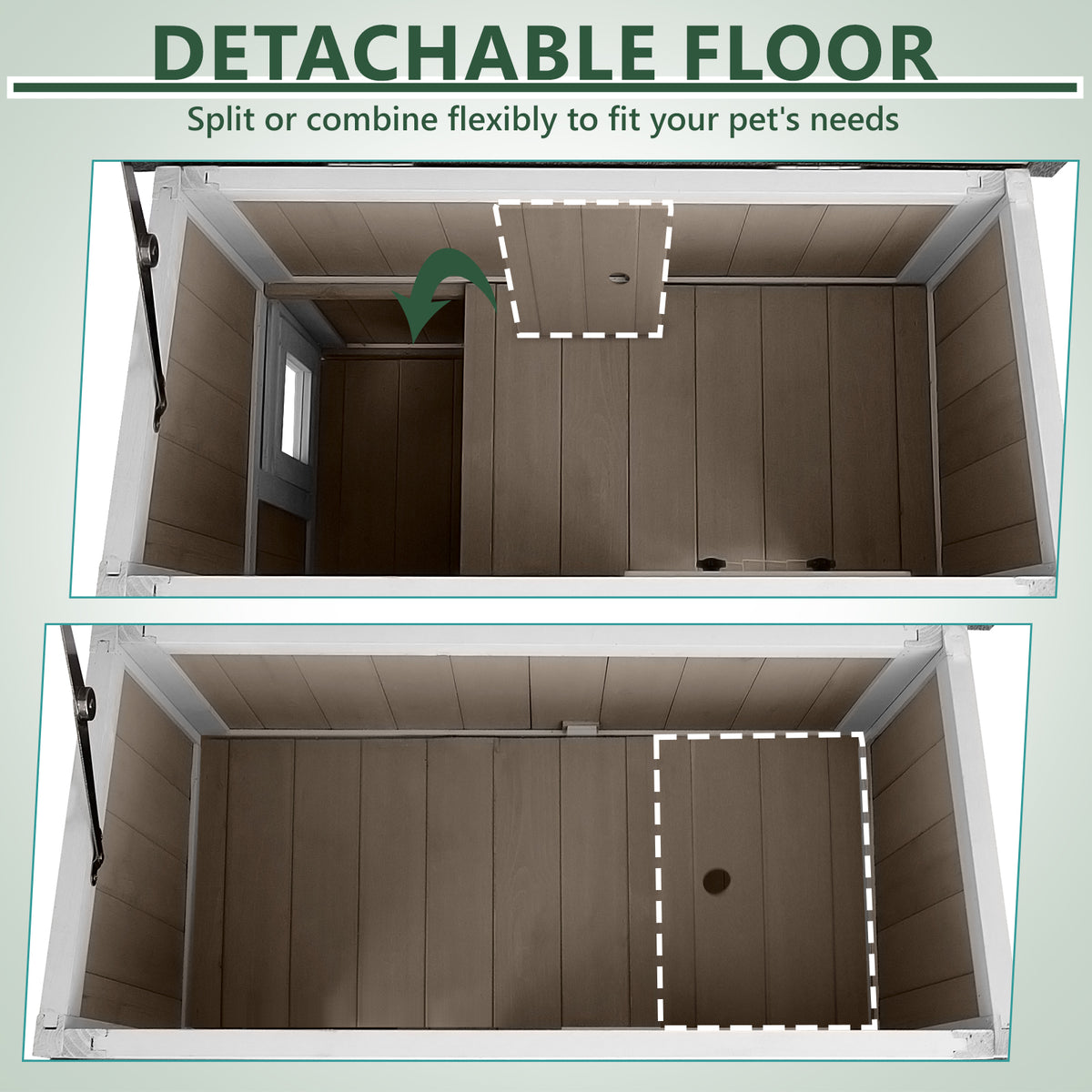 Petscosset 2-story outdoor cat shelter with removable middle panel and flexible detachable floor design.