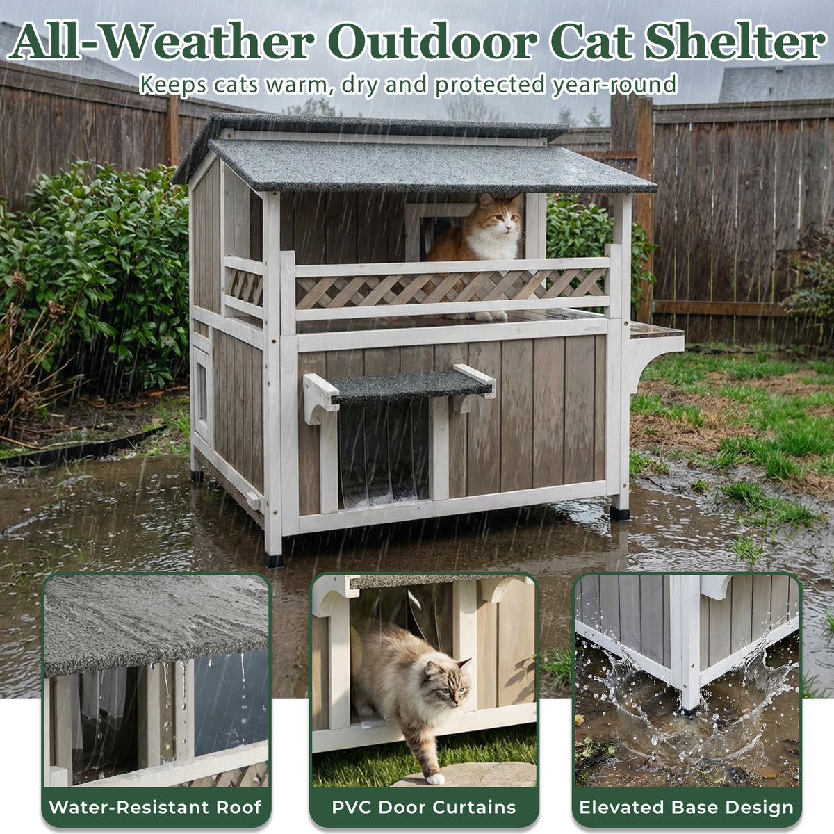 Petscosset Outdoor weatherproof wooden cat condo featuring water-resistant roofing, door curtains, and raised base design for stormy weather.