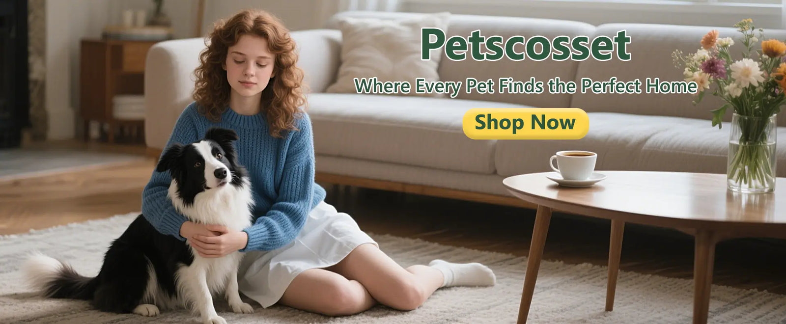 A happy girl hugging her dog, representing the loving bond Petscosset cares for.