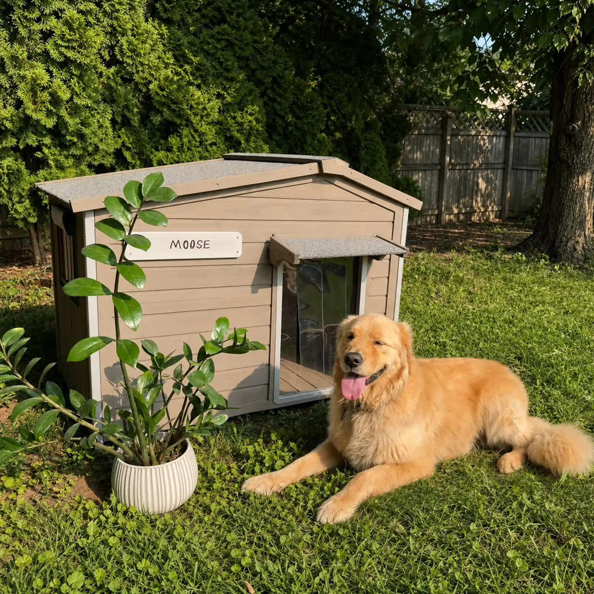 A Petscosset large gray and white wooden dog house on grass with a weatherproof asphalt roof and metal reinforced chew-proof edges, featuring a golden retriever sitting outside