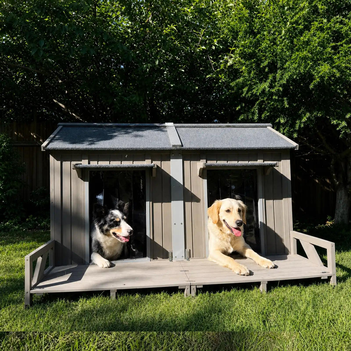 Petscosset large wooden double dog house with an elevated front porch on a green lawn, featuring a Golden Retriever and a Border Collie relaxing in two separate doorways