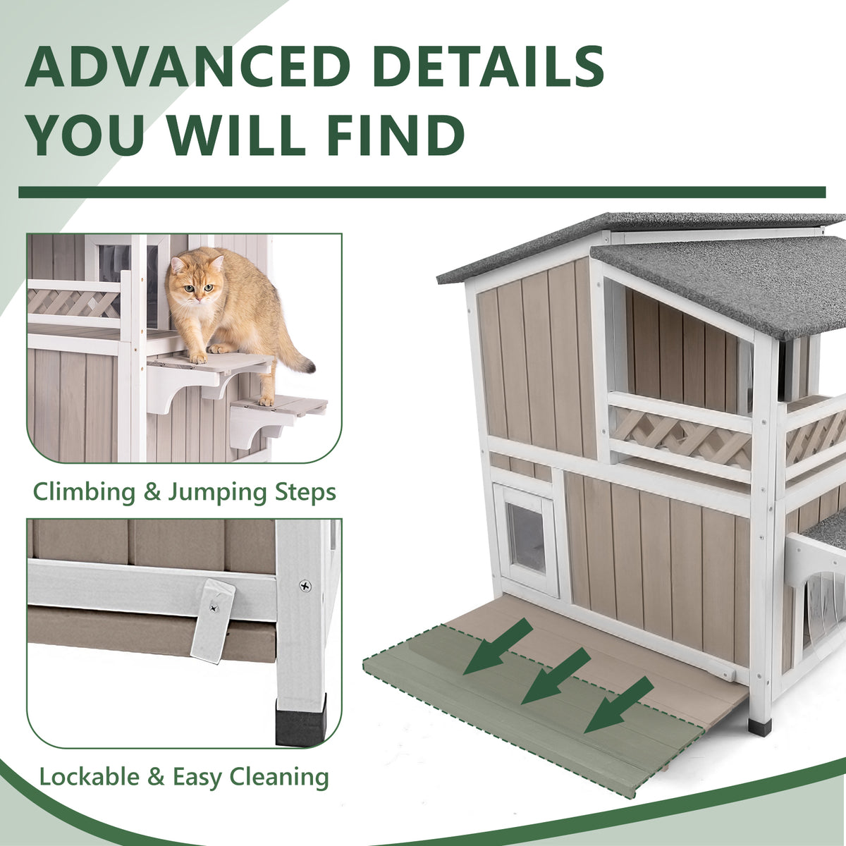 Petscosset 2-story outdoor cat shelter details showing jumping steps, lockable door mechanism for safety, and easy-cleaning access ramp.