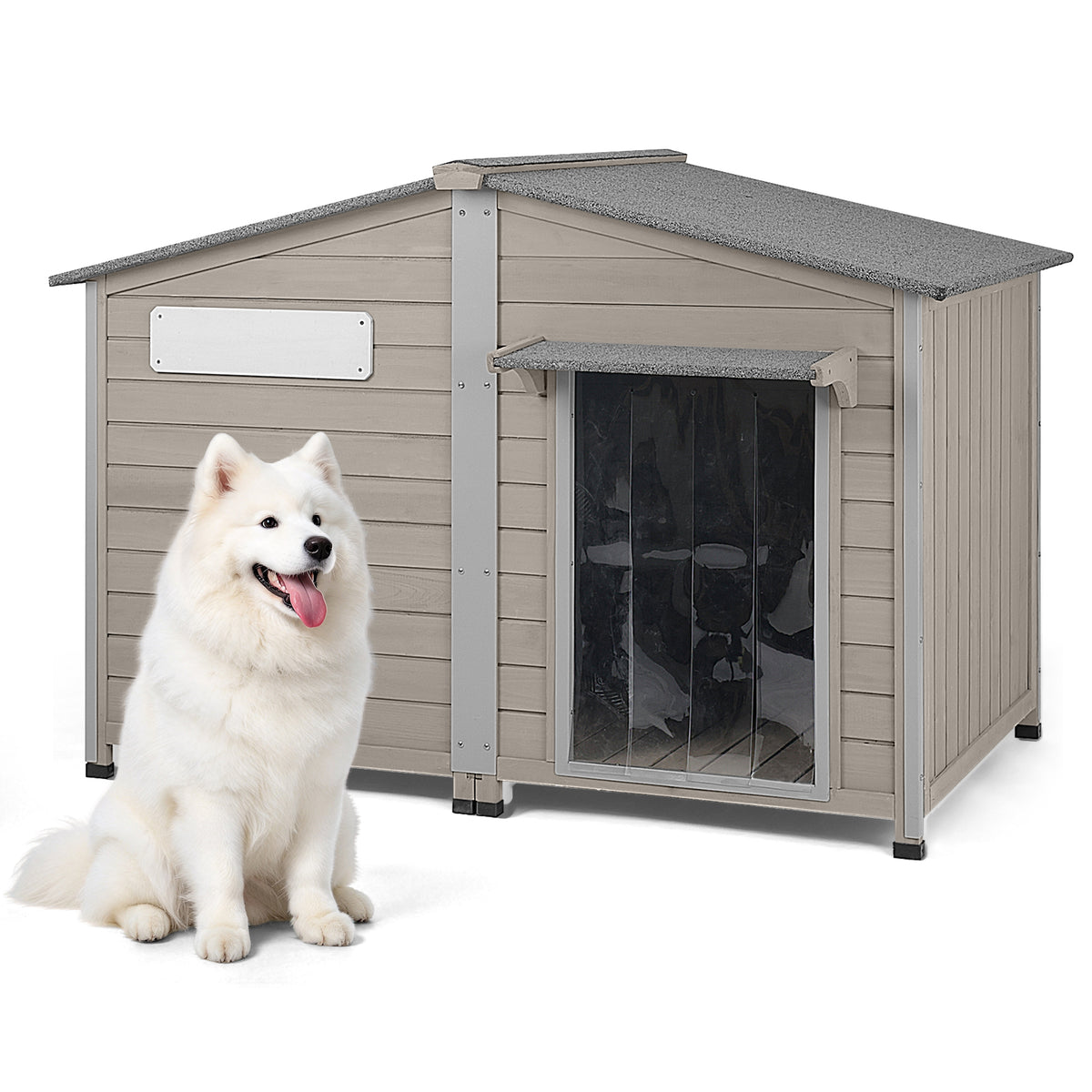 Petscosset gray wooden dog house with chew-proof metal frame and clear door curtain, featured with a sitting fluffy white Samoyed