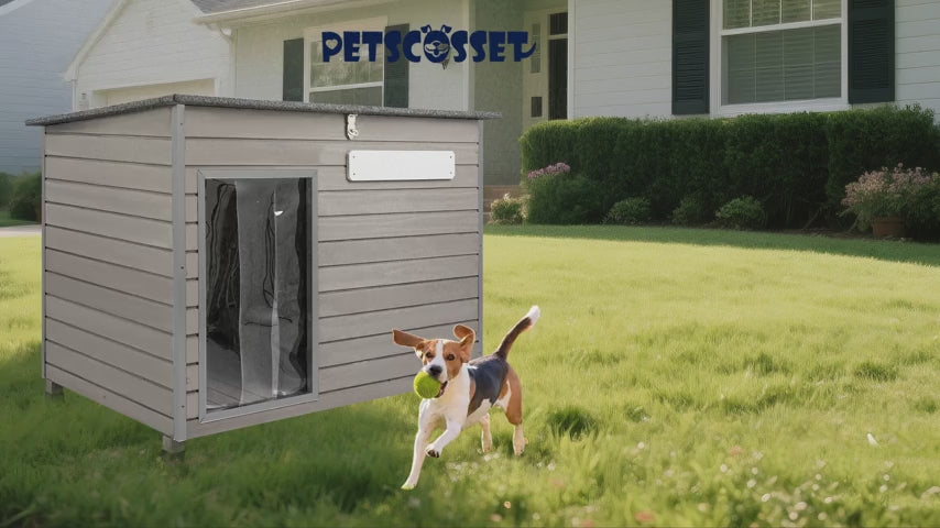 PETSCOSSET 43.3”L Wooden Dog House Outdoor Dog Kennel with Anti-Chewing Iron Frames for Large Sized Dogs,Gray