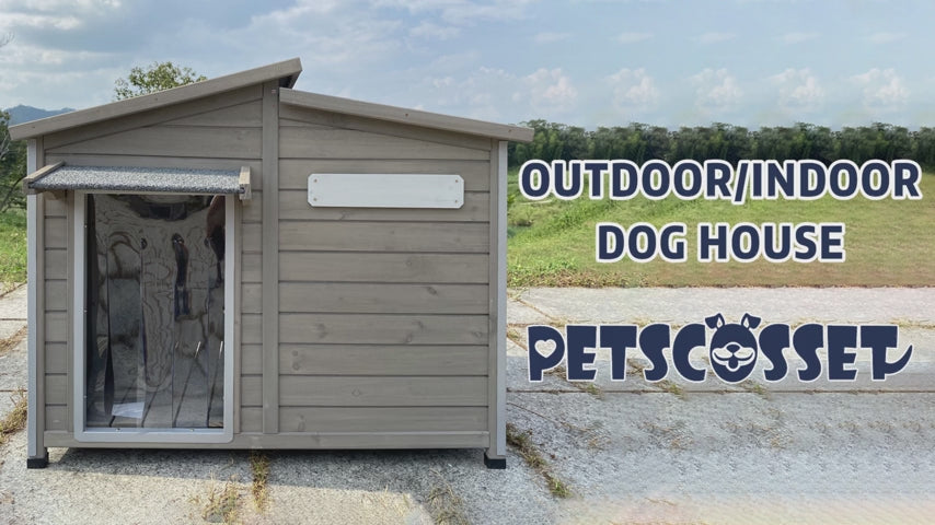 PETSCOSSET 34‘’L Large Wooden Dog House Outdoor Weatherproof with Chew-Proof Iron Frame for Medium Dogs,Grey