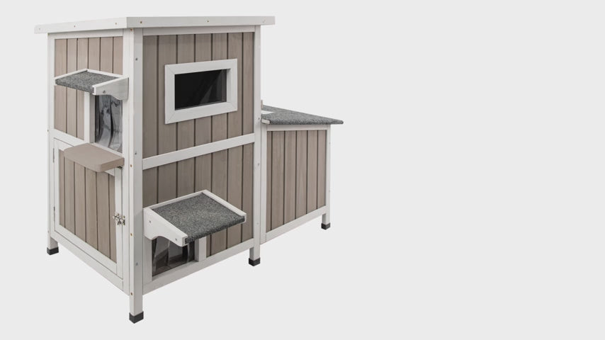 PETSCOSSET Outdoor Cat House 2 Story with 3 Escape Doors, Feral Cat House with 2 Rest Rooms for 2-3 Cats, Grey