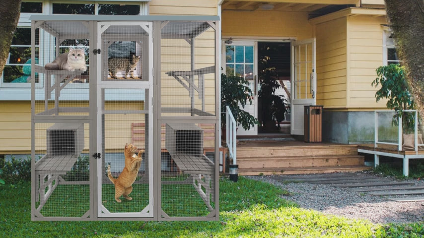 PETSCOSSET Catio Outdoor Cat Enclosure Large Wooden Cat House with Platforms, Gray