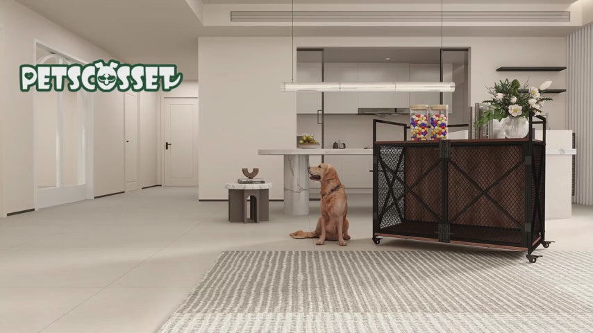 PETSCOSSET Dog Crate Furniture, 41″L Wooden Dog Kennel with Cushion