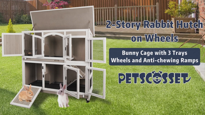 PETSCOSSET 47″L Indoor Wooden 2 Story Rabbit Large Bunny Hutch Outdoor Bunny Cage on Wheels,White/Grey