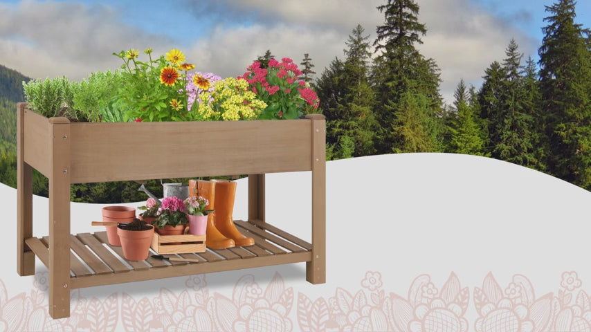 PETSCOSSET 46.65”L Raised Garden Bed Wooden Elevated Planter Box with Legs, Shelf, Brown