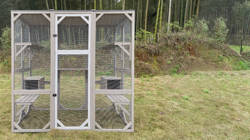 PETSCOSSET 71″ Catio Outdoor Cat Enclosure Large Wooden Cat House with 5 Platforms for Multiple Cats,Wood