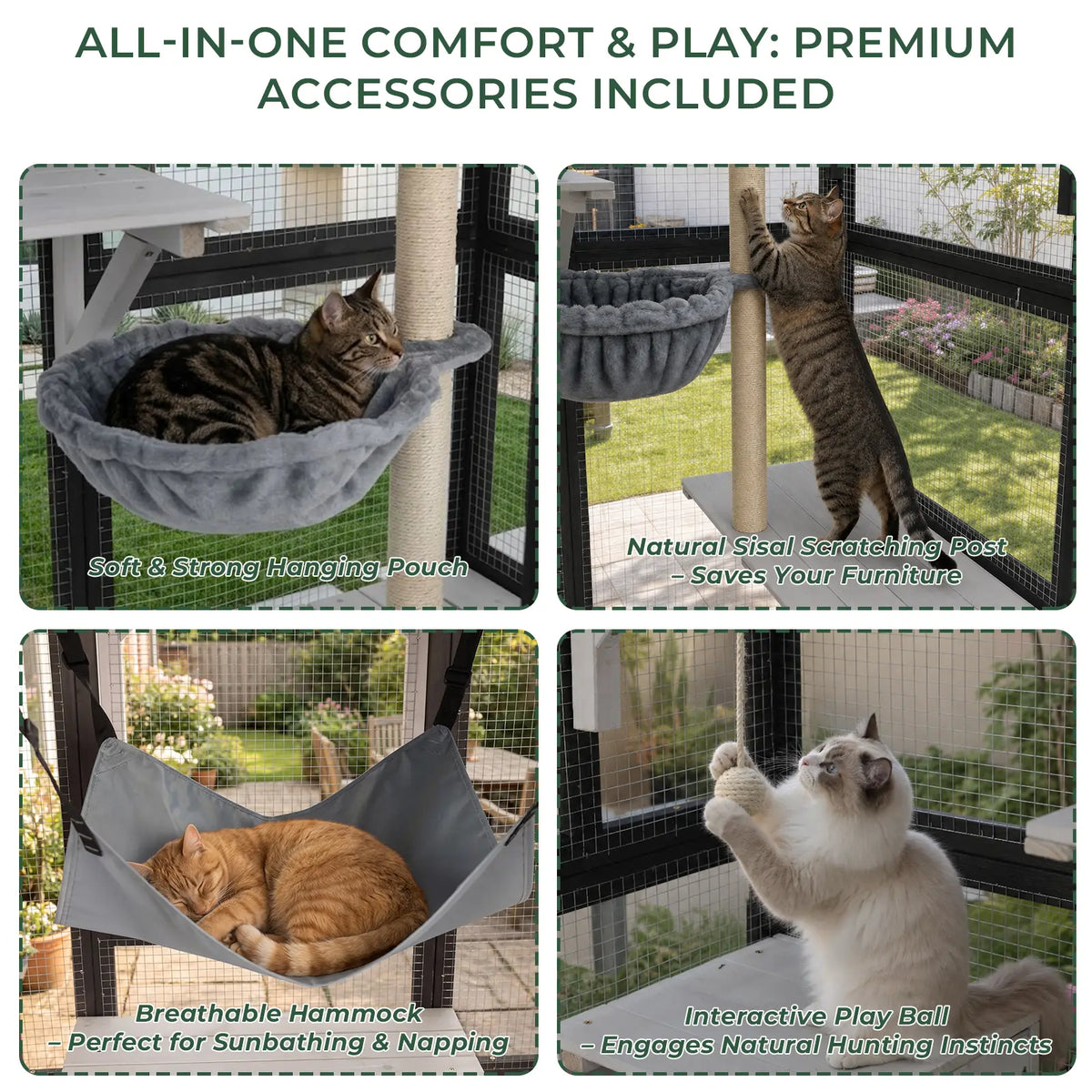 PetsCosset walk-in wooden catio featuring premium accessories including sisal scratching posts, fabric hammocks, and play balls for cat entertainment and relaxation