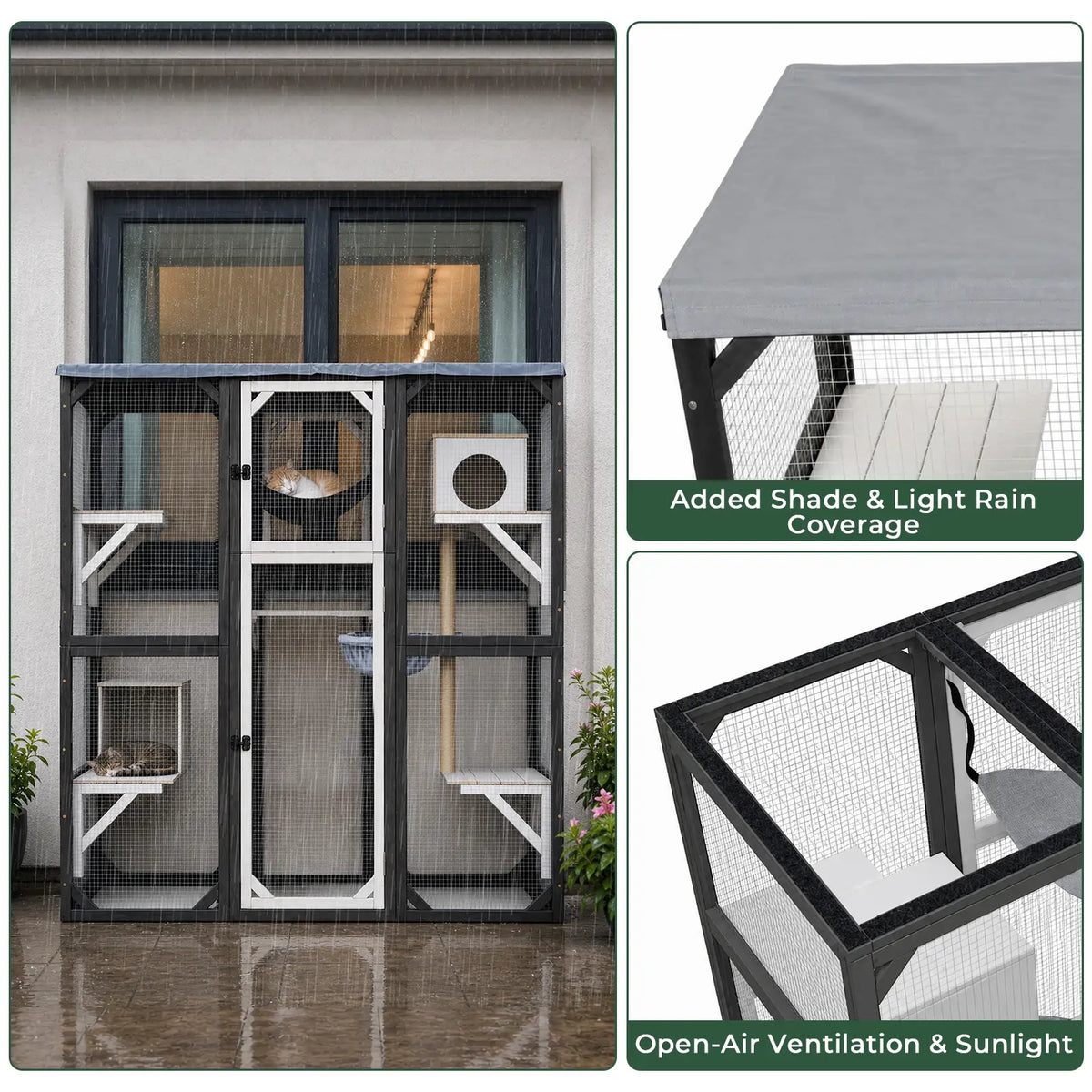 PetsCosset walk-in wooden catio with a waterproof Oxford cloth roof cover for rain and UV protection, featuring a removable design for open-air sunlight and ventilation