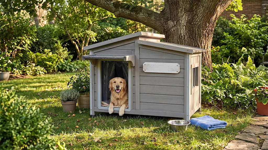 Golden Retriever relaxing in a wooden backyard dog house.