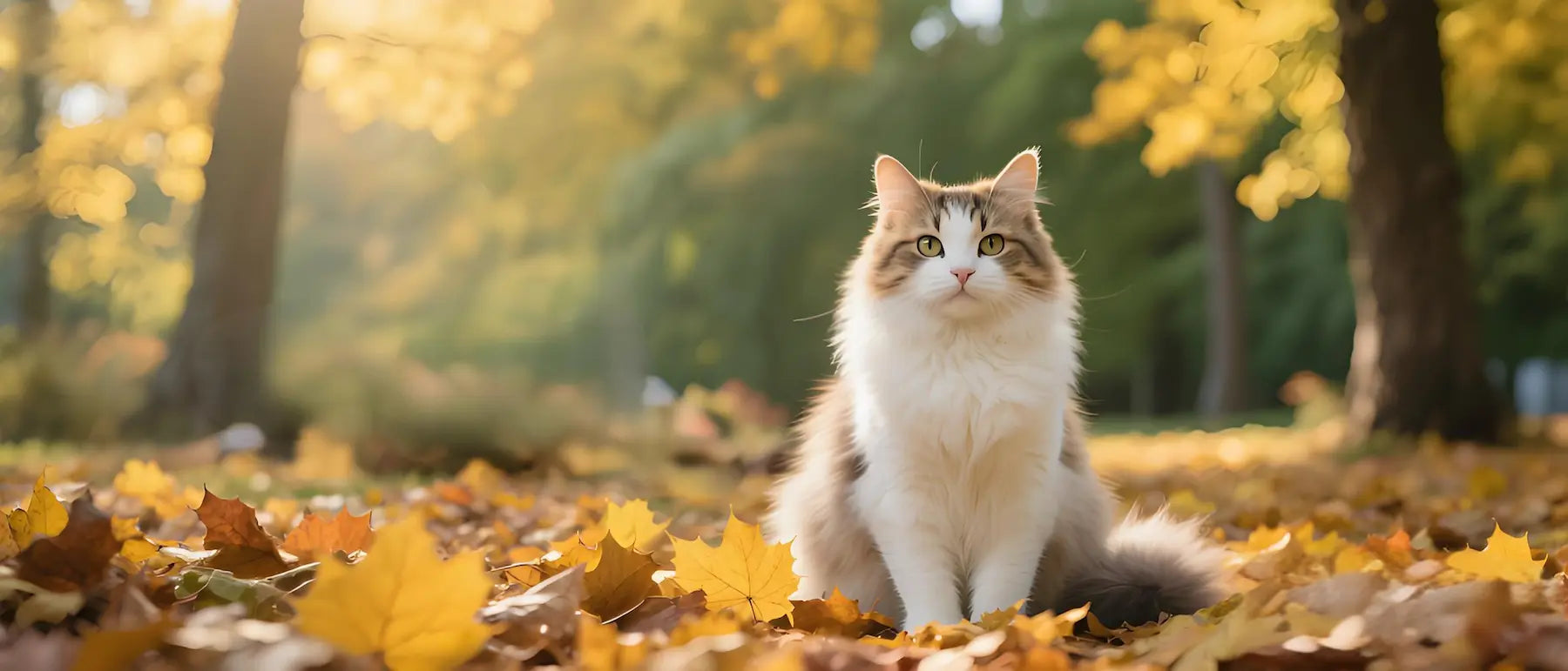 Fluffy cat with a thick autumn coat sitting among fallen leaves outdoors.