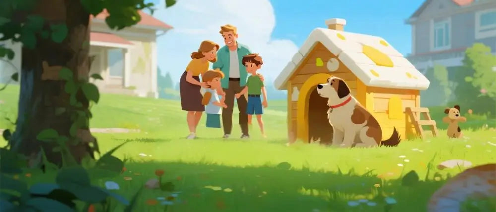 A happy golden retriever sitting in a spacious outdoor dog kennel with sunshine and green grass