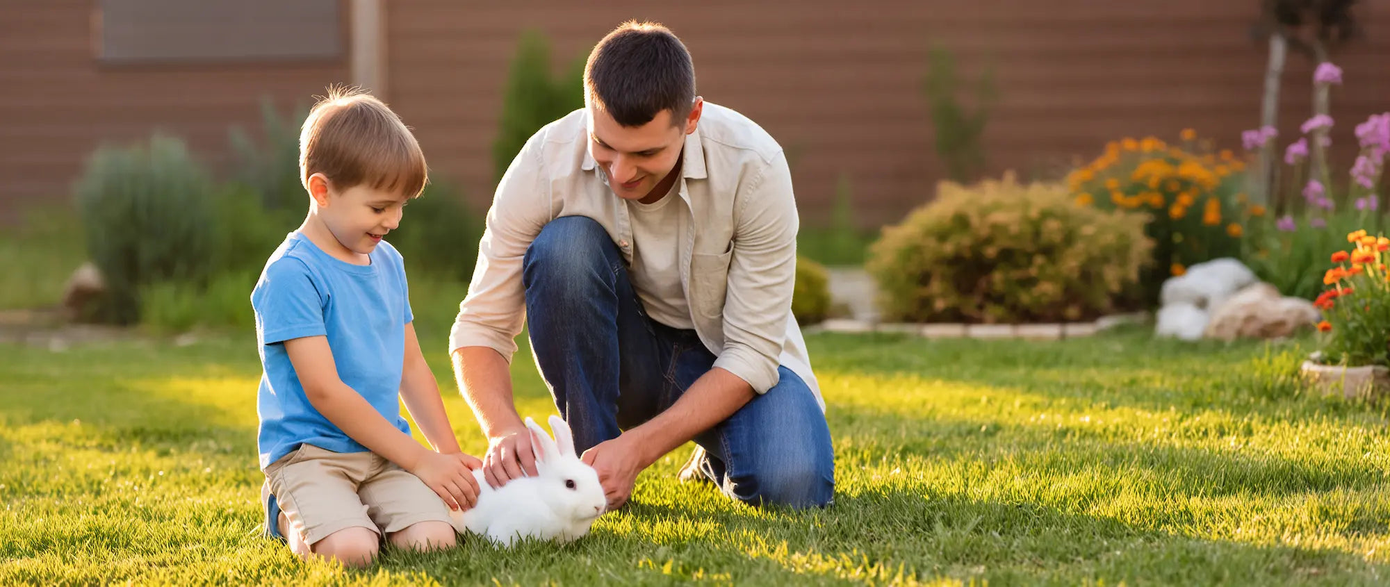 A happy white bunny sitting on clean bedding next to a child in a garden