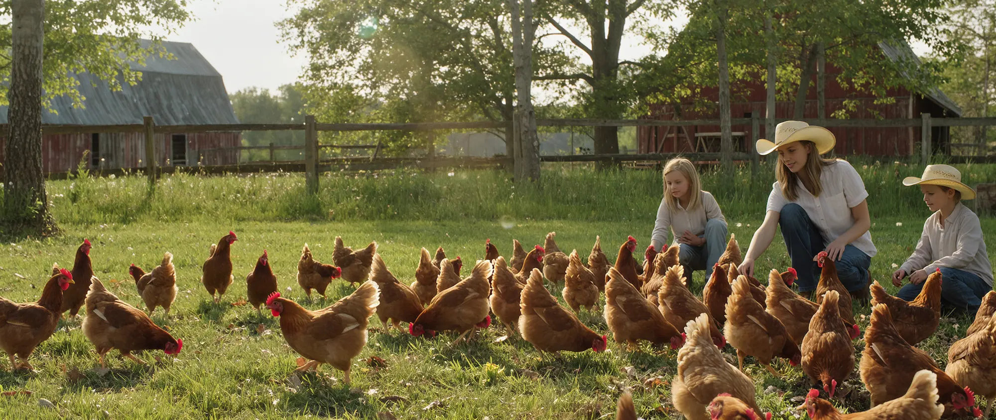 Happy backyard chickens roaming in a green yard with fresh sunlight
