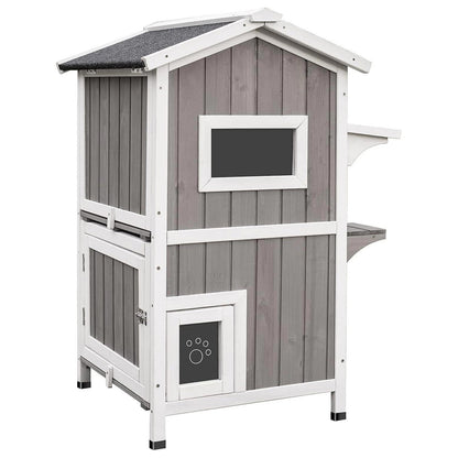 Outdoor cat house on lawn with durable fir wood structure