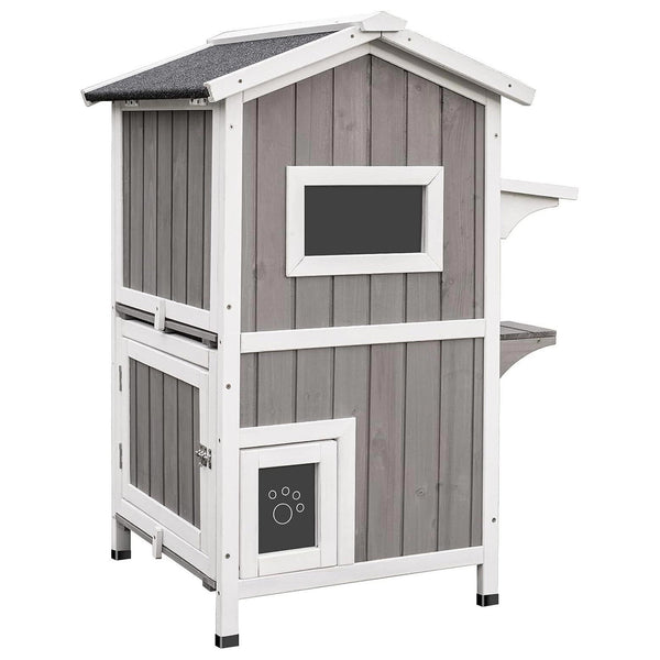 PETSCOSSET Cat House Outdoor Two-Story Wooden Feral Cat Shelter with A