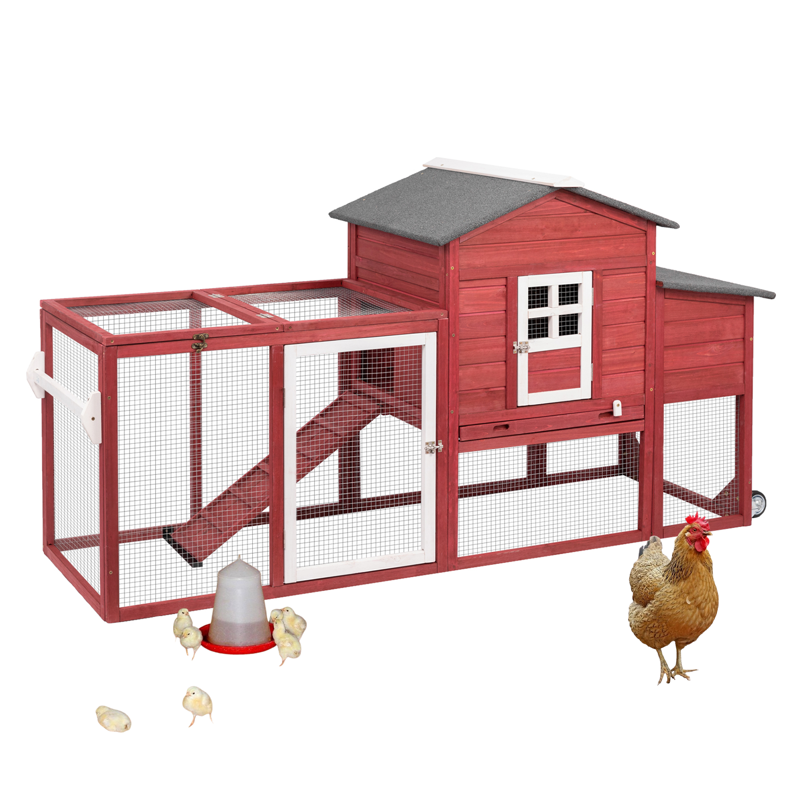 78.7″ Combinable Wooden Chicken Coop with Wheels & Run-PET21W-REDWHITE