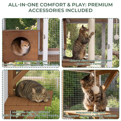 62.6" Mobile Wooden Outdoor Catio with Scratching Post & House - PET99