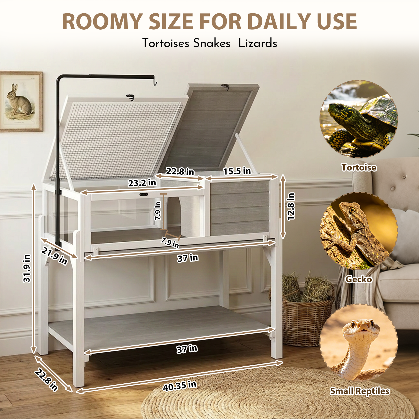 Wooden Tortoise  Enclosure with Detachable Legs, Light Stand & Storage Shelf-TOR04