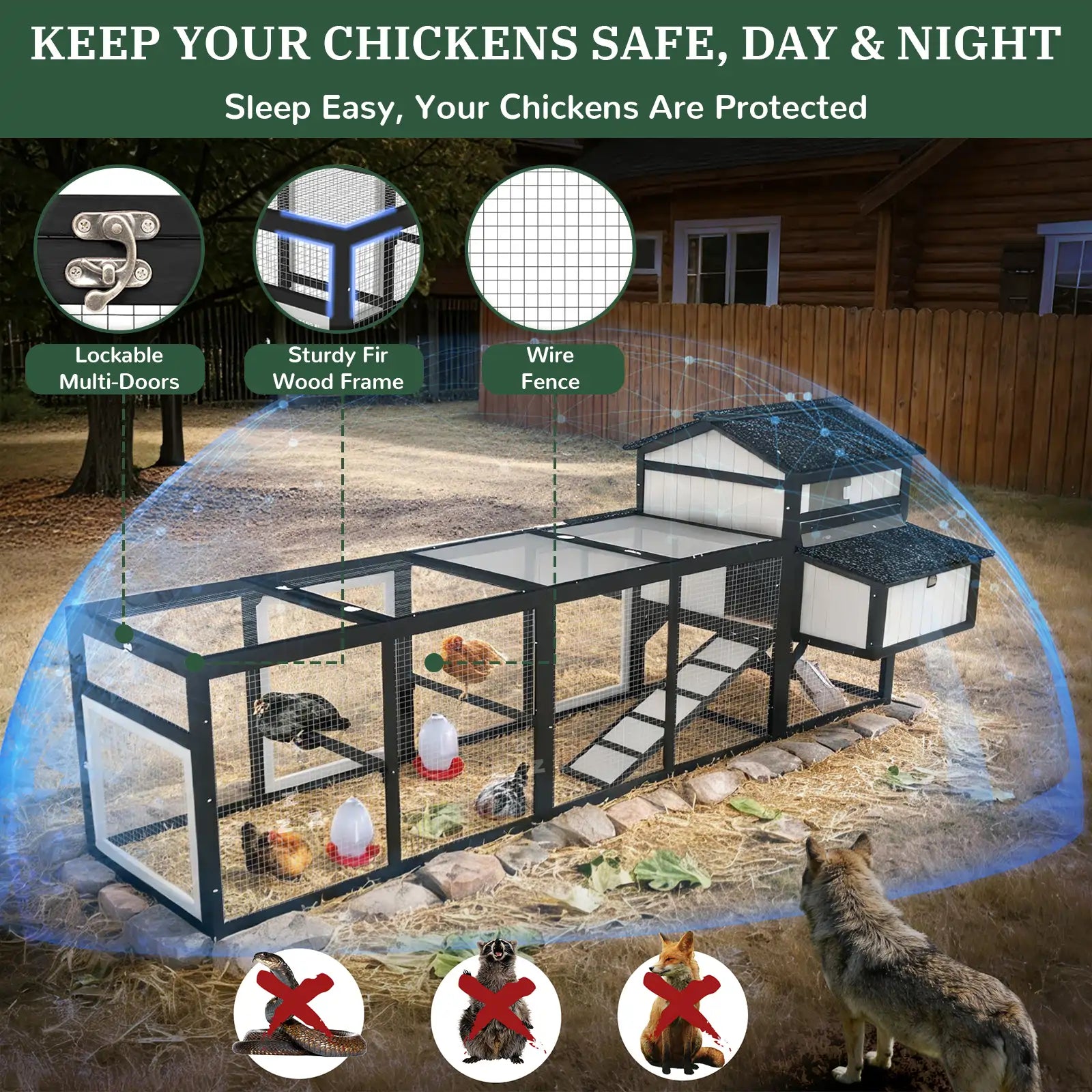 Large chicken coop with run for 4–12 chickens, includes 4 nesting boxes - PET27