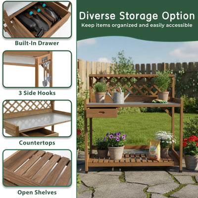 Wooden Potting Benches & Tables, W/Metal Table Top, Drawer, Bottom Shelf-GF11