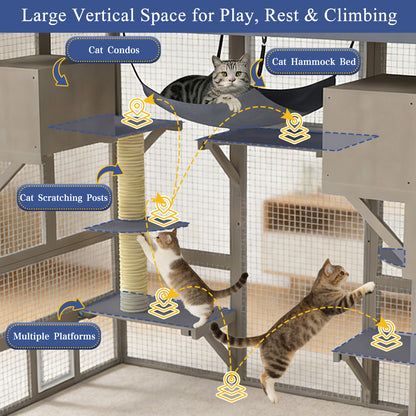 Expandable Multi-Cat Catio with 7 Platforms,2 Rooms, A Hammock & 2 Scratch Posts-PET91