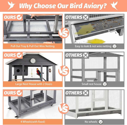 Mobile bird cage with 4 wooden wheels