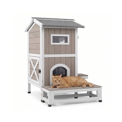 2-Story Insulated Wooden Cat House with Balcony & Escape Door- PET71-TI
