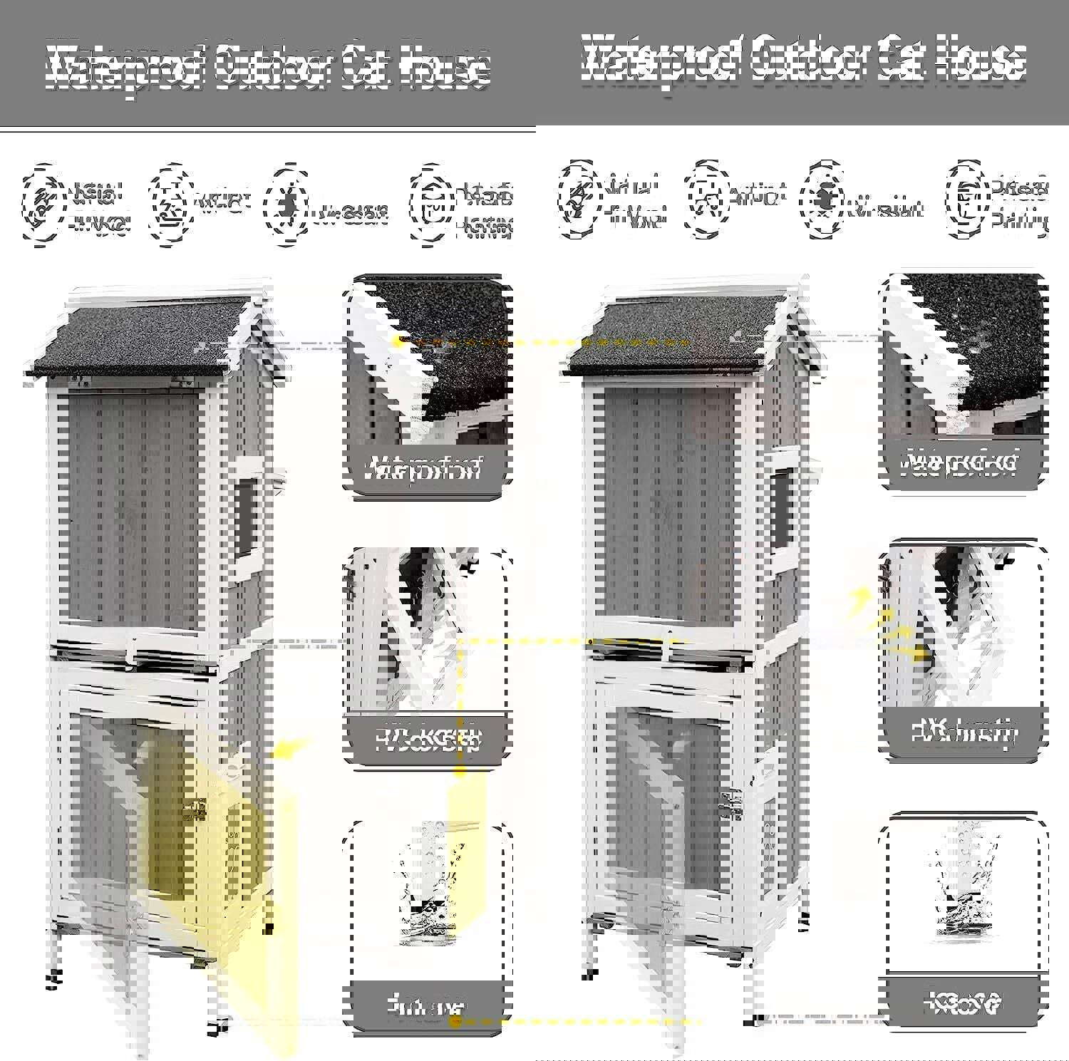 Double-level cat shelter with front door and side escape