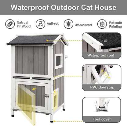 Double-level cat shelter with front door and side escape