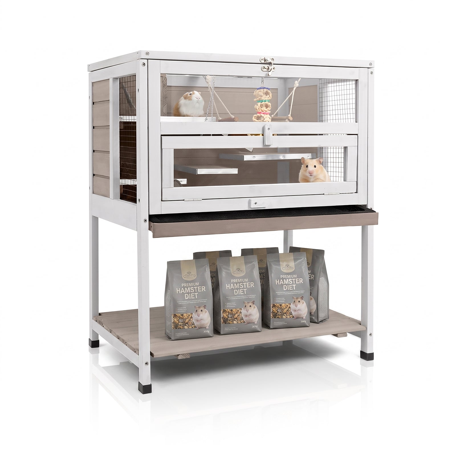 PETSCOSSET 3-Tier Wooden Hamster Cage with Storage Shelf Indoor Outdoor Large Guinea Pig Cage House and Habitat,White/Grey