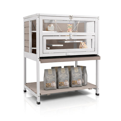 PETSCOSSET 3-Tier Wooden Hamster Cage with Storage Shelf Indoor Outdoor Large Guinea Pig Cage House and Habitat,White/Grey