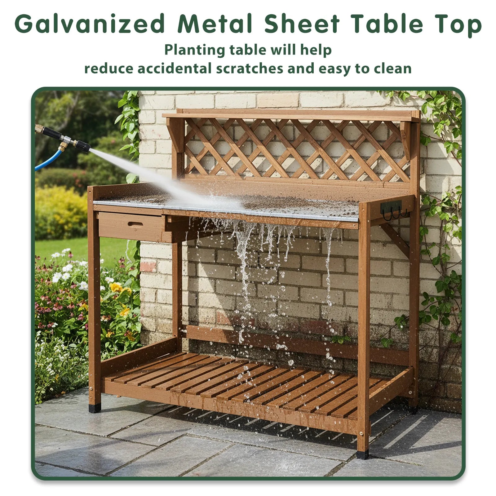Wooden Potting Benches & Tables, W/Metal Table Top, Drawer, Bottom Shelf-GF11