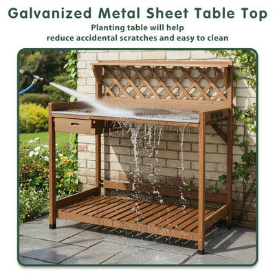 Wooden Potting Benches & Tables, W/Metal Table Top, Drawer, Bottom Shelf-GF11